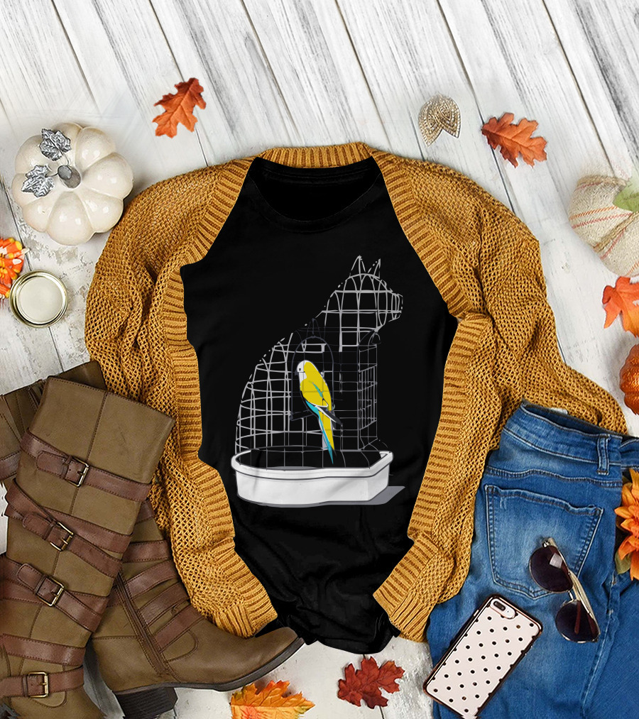 Captive Cat-Shaped Birdcage with Yellow Parrot T-Shirt