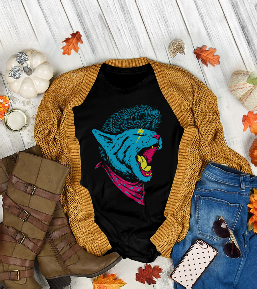 Cat Punk Roaring Blue with Lightning Bolt Mohawk and Red Bandana T-Shirt