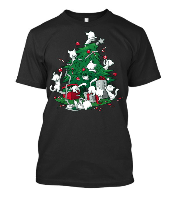 Cat Mischief Around The Christmas Tree With Gifts And Candy Canes T-Shirt