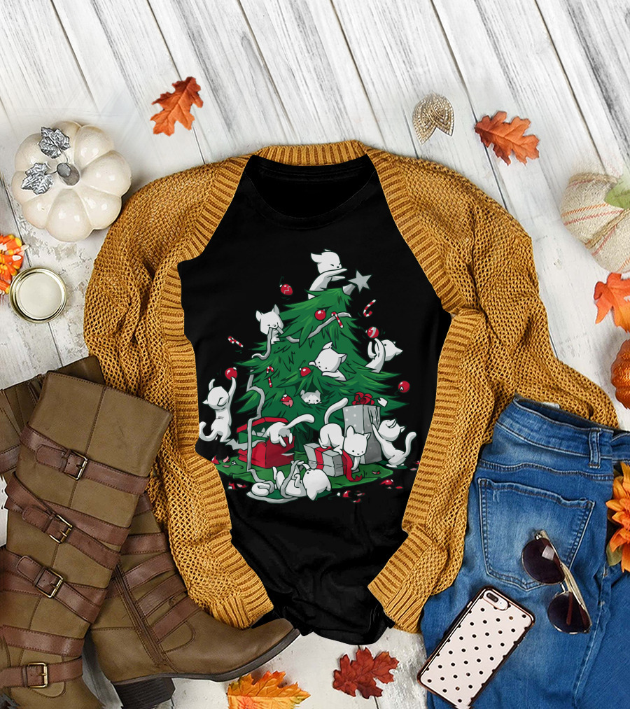 Cat Mischief Around the Christmas Tree with Gifts and Candy Canes T-Shirt