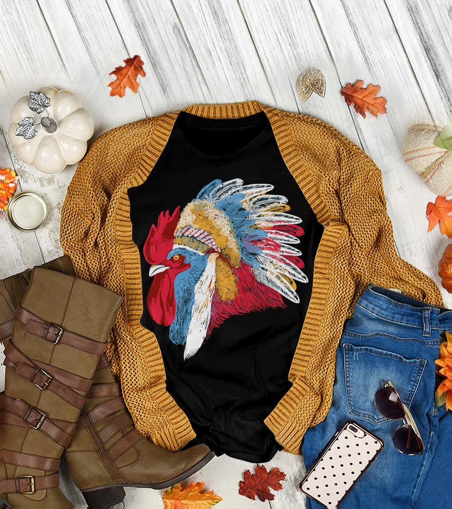 Chief Many Feathers Rooster Headdress T-Shirt