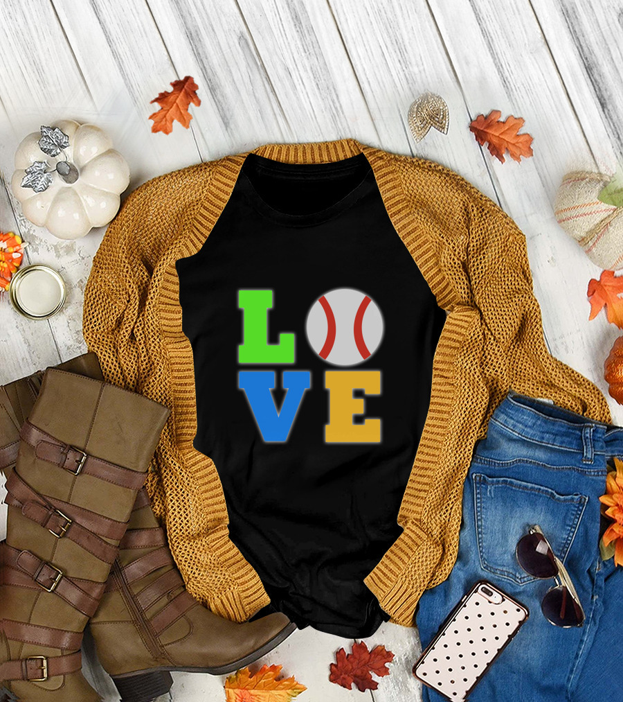 Love Baseball Neon L O V E Letters with Baseball O T-Shirt