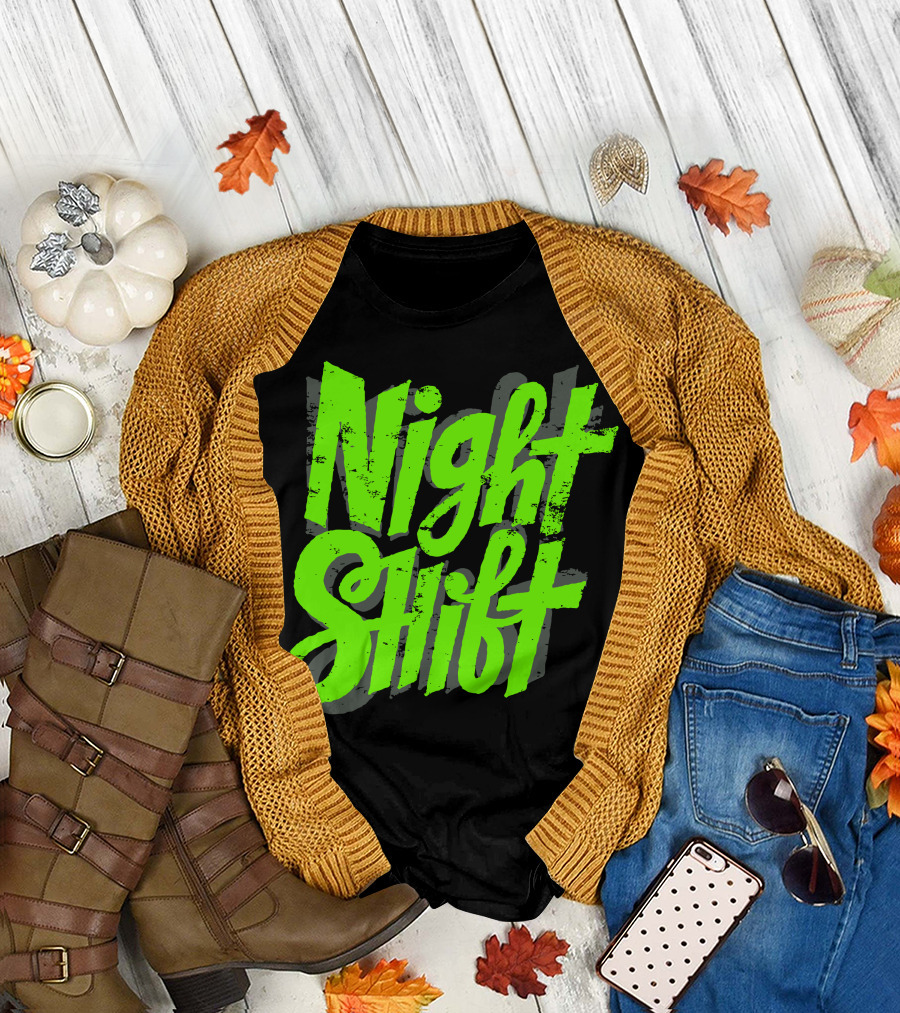 Night Shift Retro Grunge Green Text Block T-Shirt