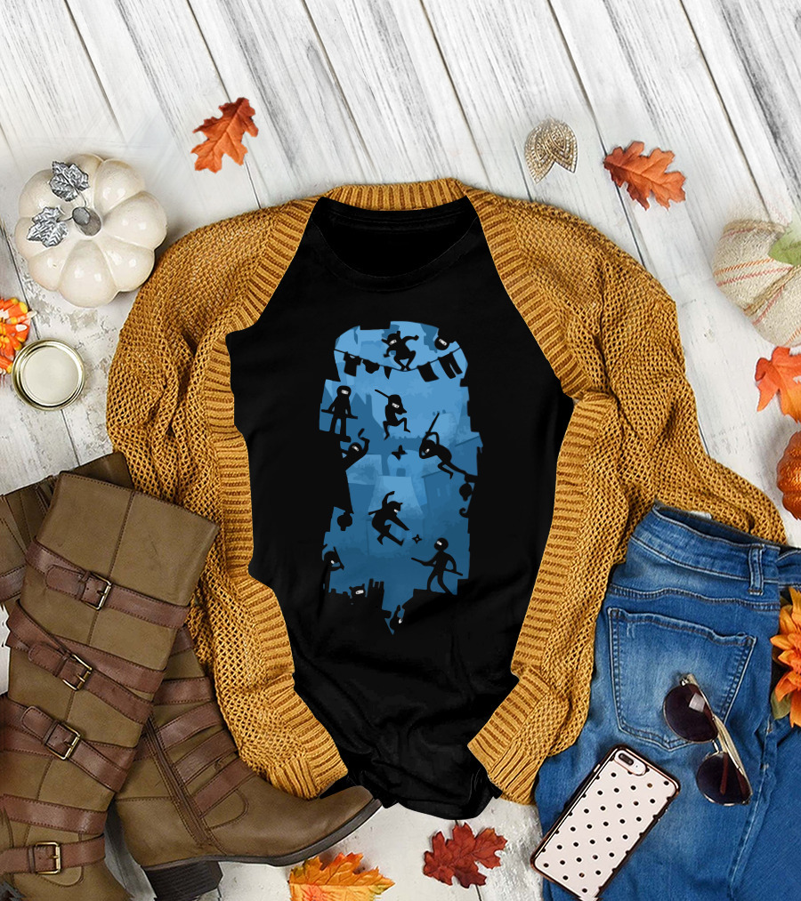 Ninja Kick Ass Clash Silhouette Battle Scene T-Shirt