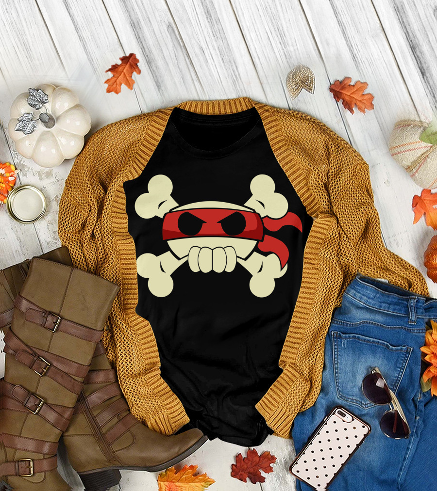 Ninja Pirate Skull Crossbones with Red Bandana T-Shirt