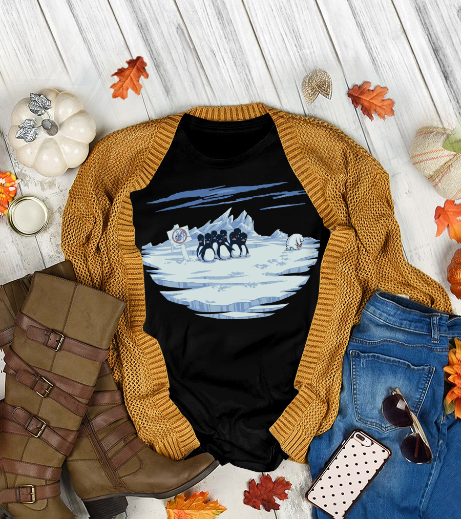 Penguins Gathering with No Bowling Sign on Iceberg T-Shirt