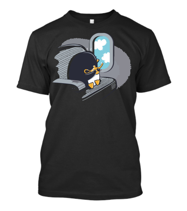 Penguin Hugging Airplane Seat By Window Clouds T-Shirt