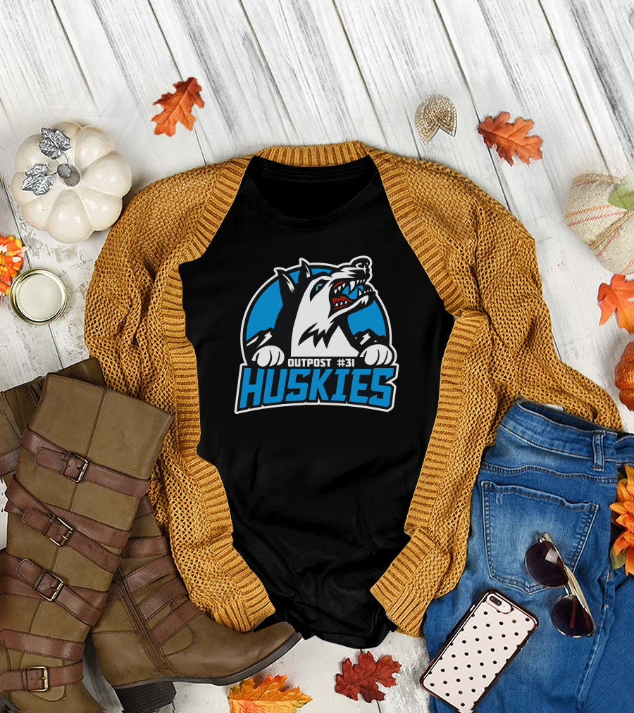Outpost 31 Huskies Arctic Logo with Aggressive Husky and Mountains T-Shirt