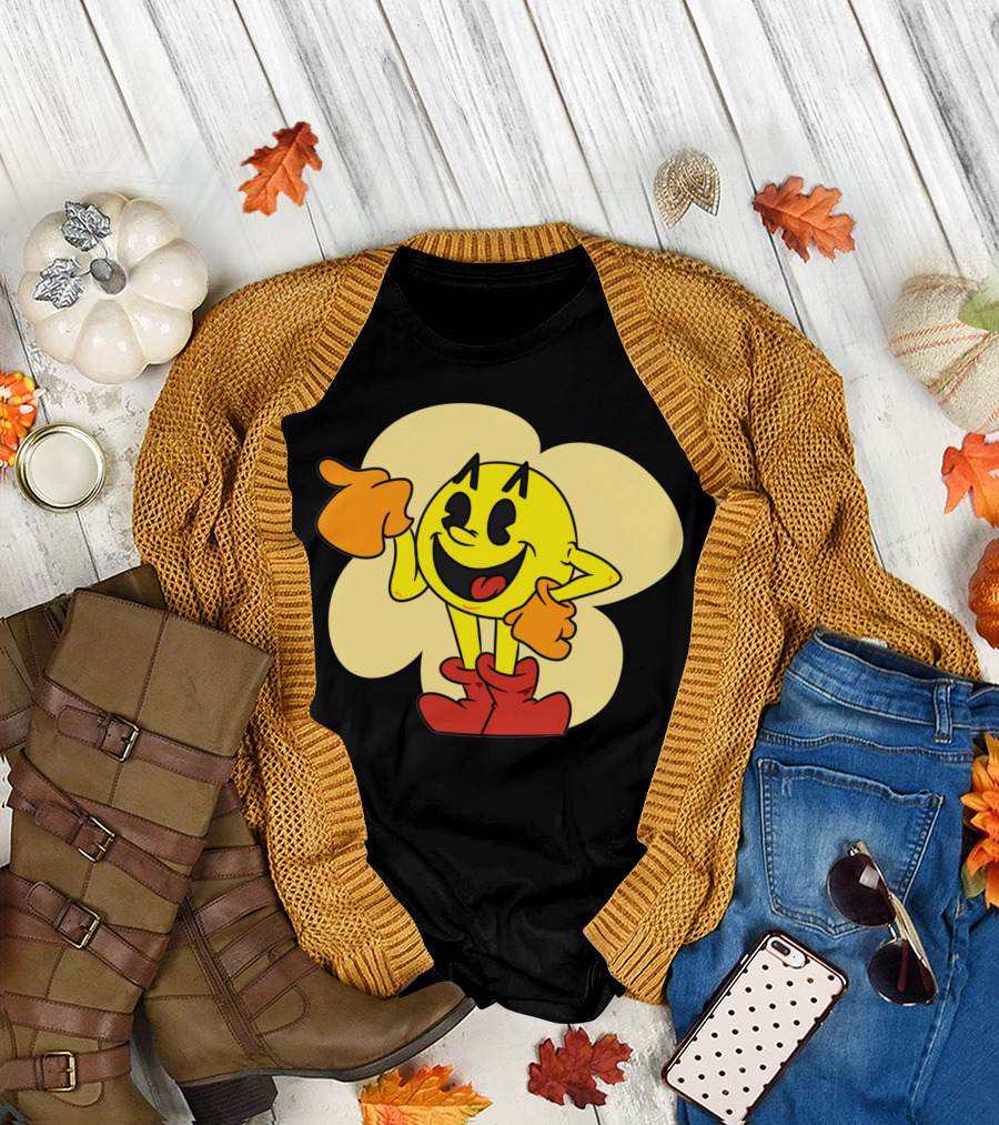 Pac Man Classic Cartoon Character with Devil Horns and Boots T-Shirt