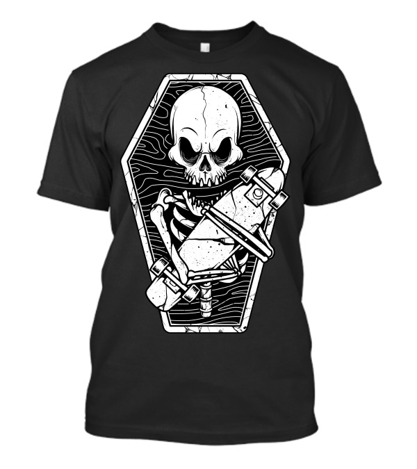 Skate Until The End Skeleton In Coffin With Skateboard T-Shirt
