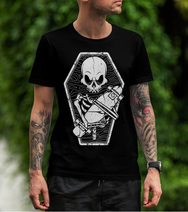 Skate Until The End Skeleton In Coffin With Skateboard T-Shirt