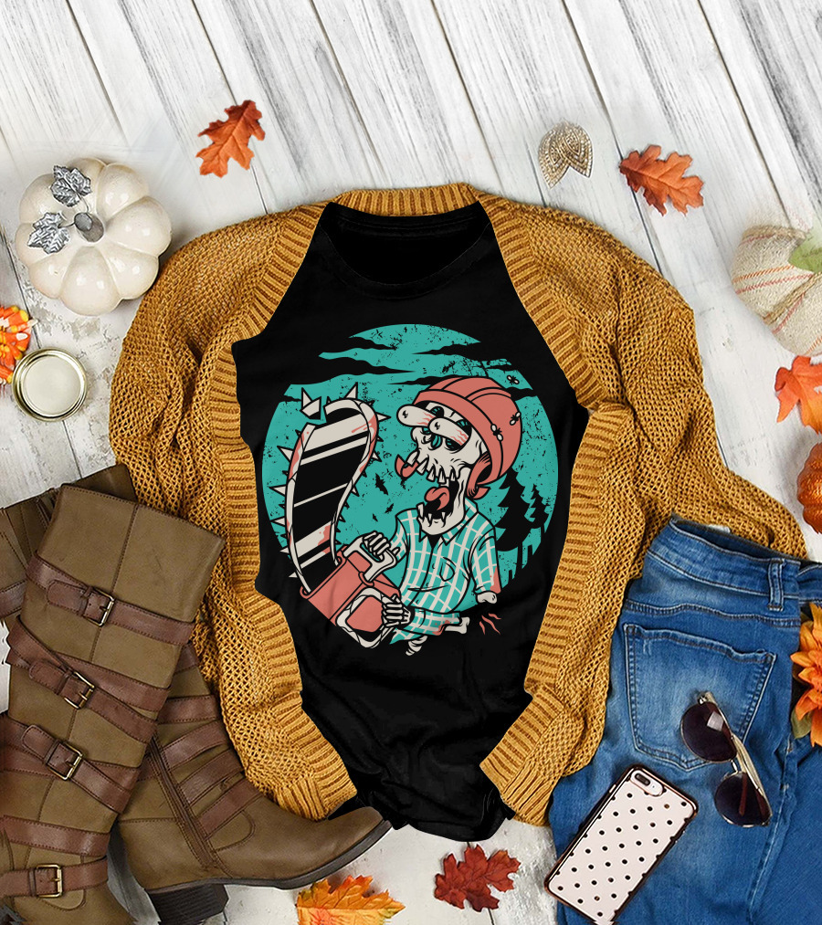 Chainsaw Wielding Skull in Plaid Helmet Adventure T-Shirt