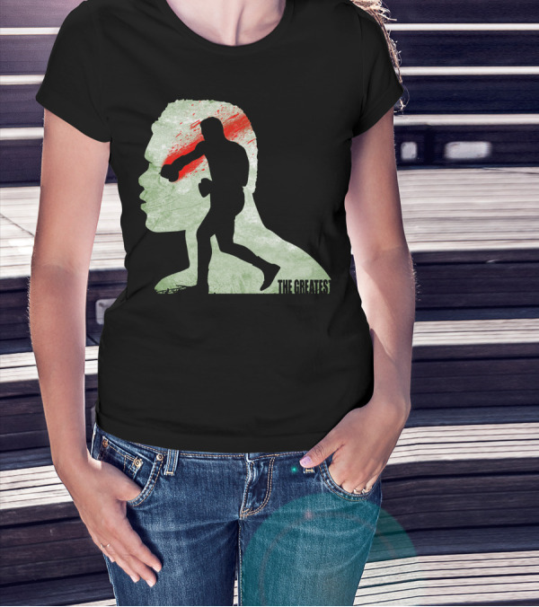 The Greatest Boxer Silhouette With Bold Red And Green Abstract Background T-Shirt