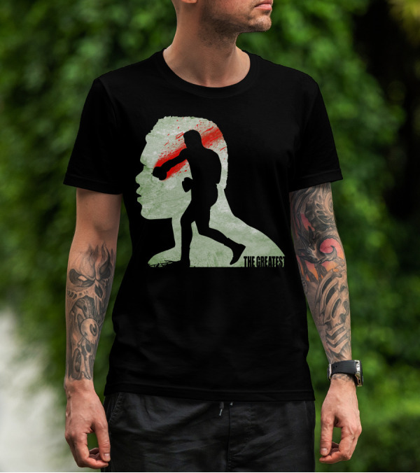 The Greatest Boxer Silhouette With Bold Red And Green Abstract Background T-Shirt