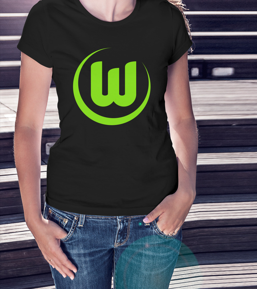 Woman with hands in pockets wearing Vfl Wolfsburg Die W-Green T-Shirt.