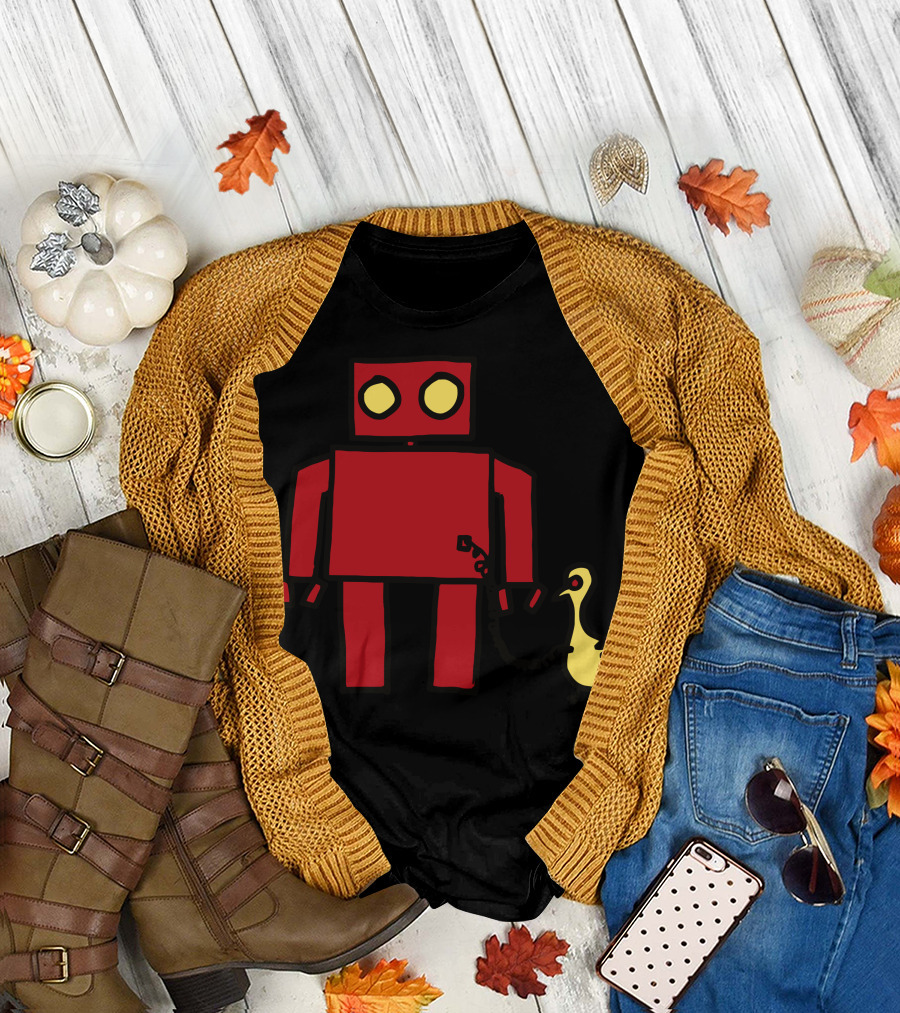 Bird Powered Robot with Red Boxy Character and Yellow Bird Companion T-Shirt