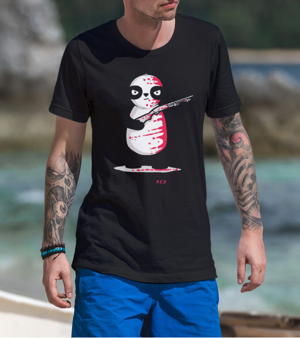 Black White And Red All Over Panda With Shotgun T-Shirt