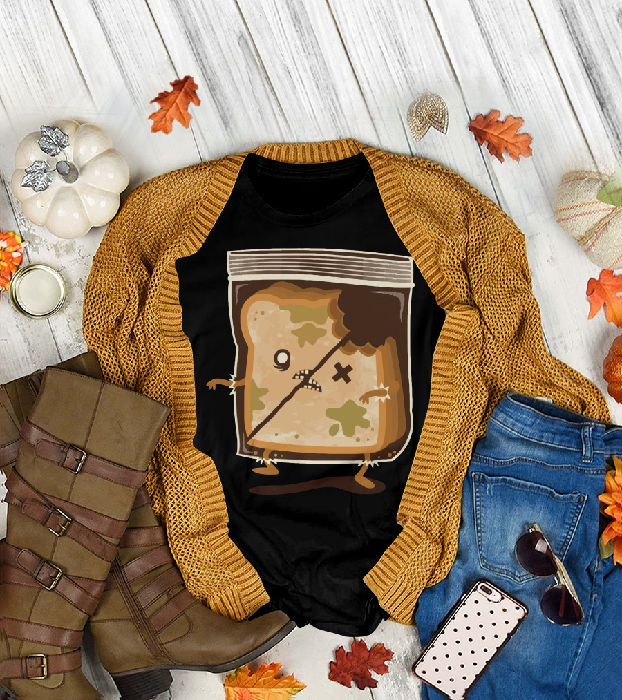 Breaaad Moldy Bread Cartoon with Bite Mark and Angry Face in a Bread Bag T-Shirt