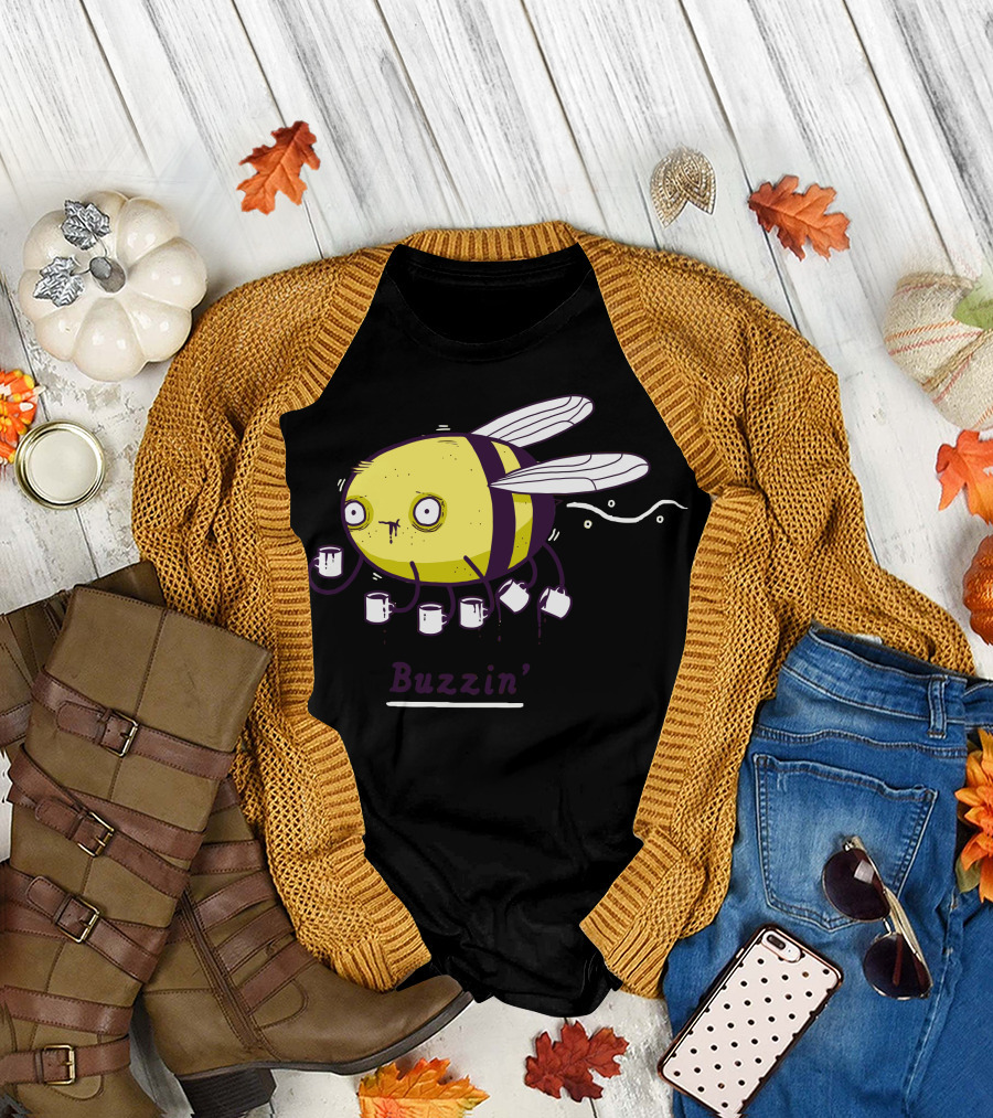 Buzzin' Coffee Bee with Mugs Carrying Caffeine T-Shirt