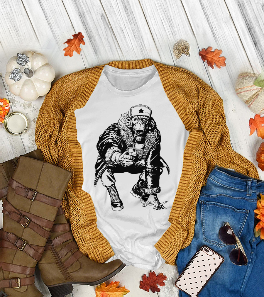 Comunist Monkey with Gun and Hat Featuring Star T-Shirt