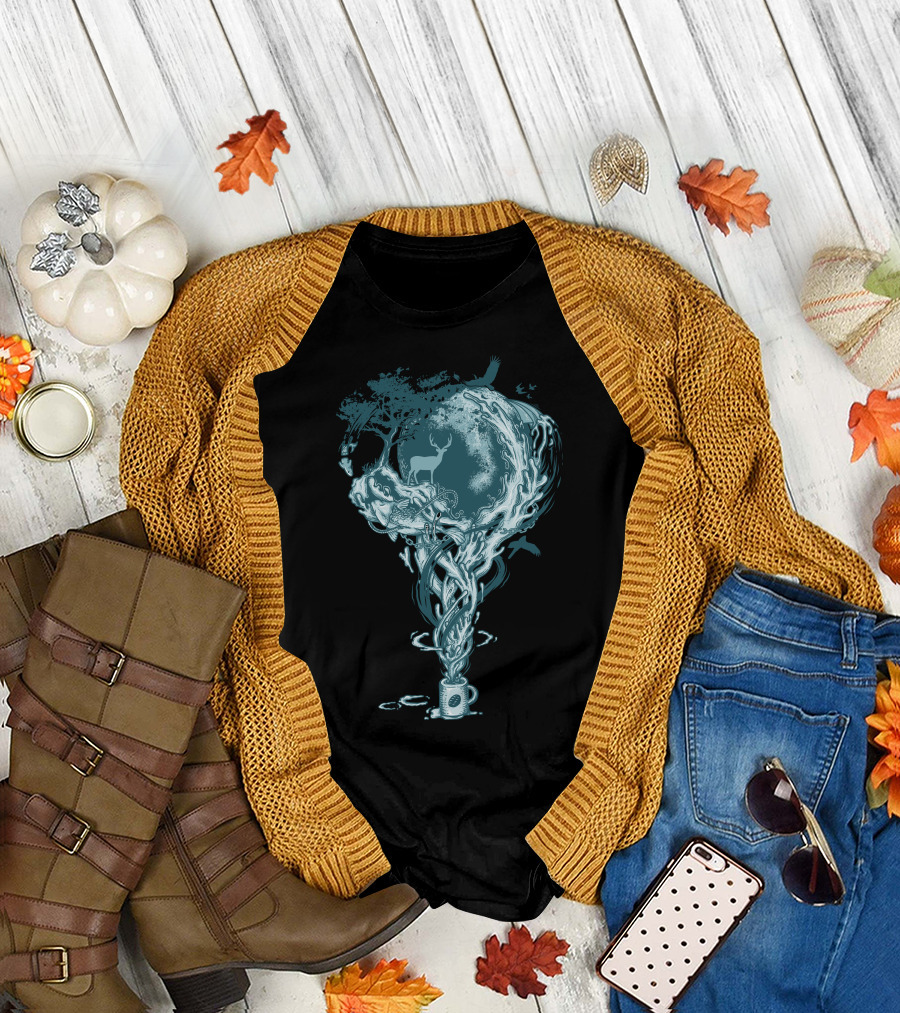 Dreamy Nature Eruption from Coffee Cup with Deer and Birds T-Shirt
