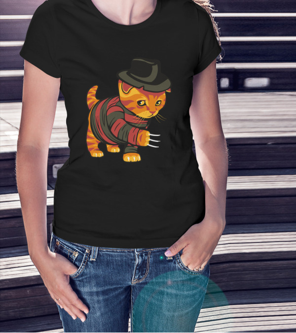 Nightmeow On Elm Street Striped Sweater Cat With Claw Gloves And Hat T-Shirt