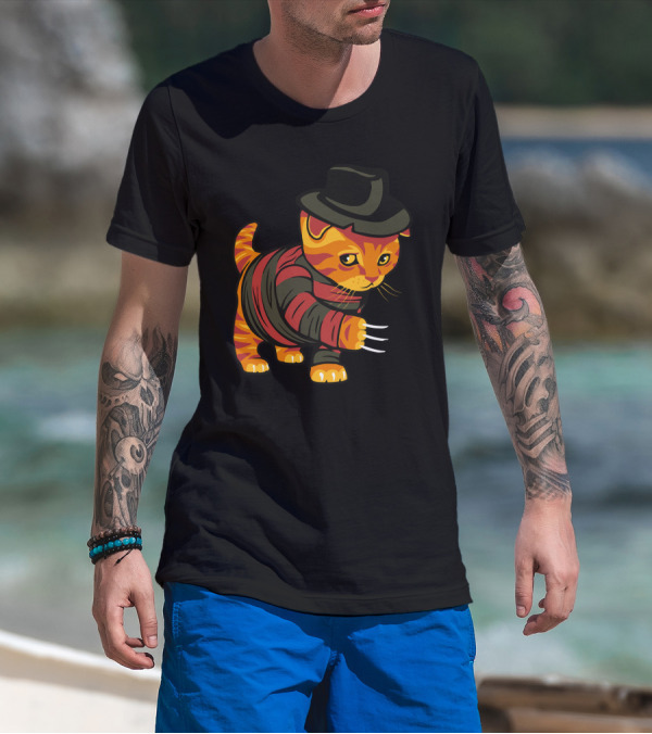 Nightmeow On Elm Street Striped Sweater Cat With Claw Gloves And Hat T-Shirt