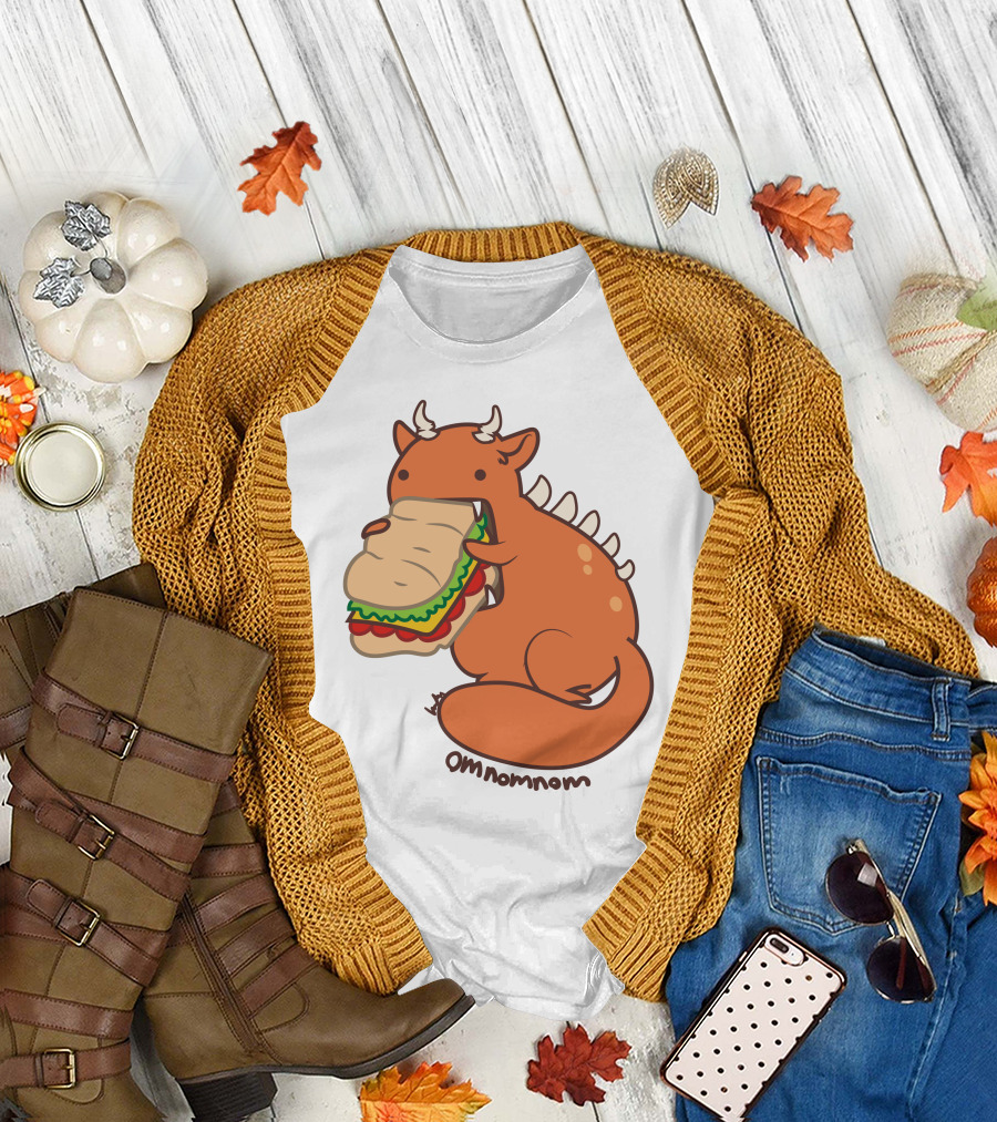 Omnomnom Dragon Eating Sandwich Cute Cartoon Creature T-Shirt