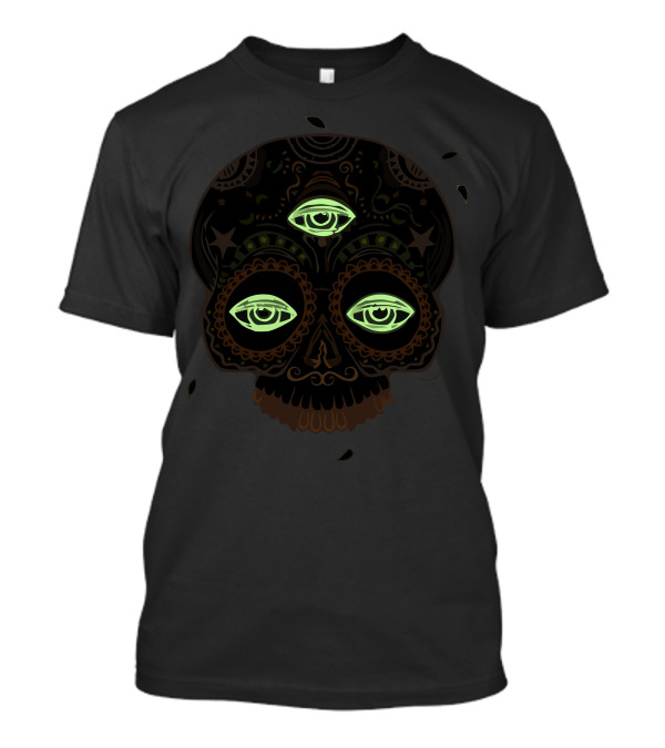 See No Evil Off Skull Design With Three Green Eyes T-Shirt