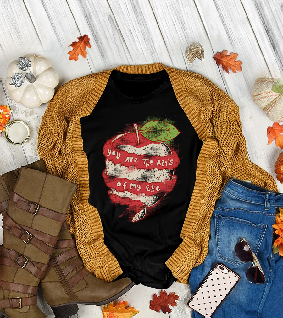 You Are The Apple Of My Eye Peeling Text Design with Green Leaf and Red T-Shirt