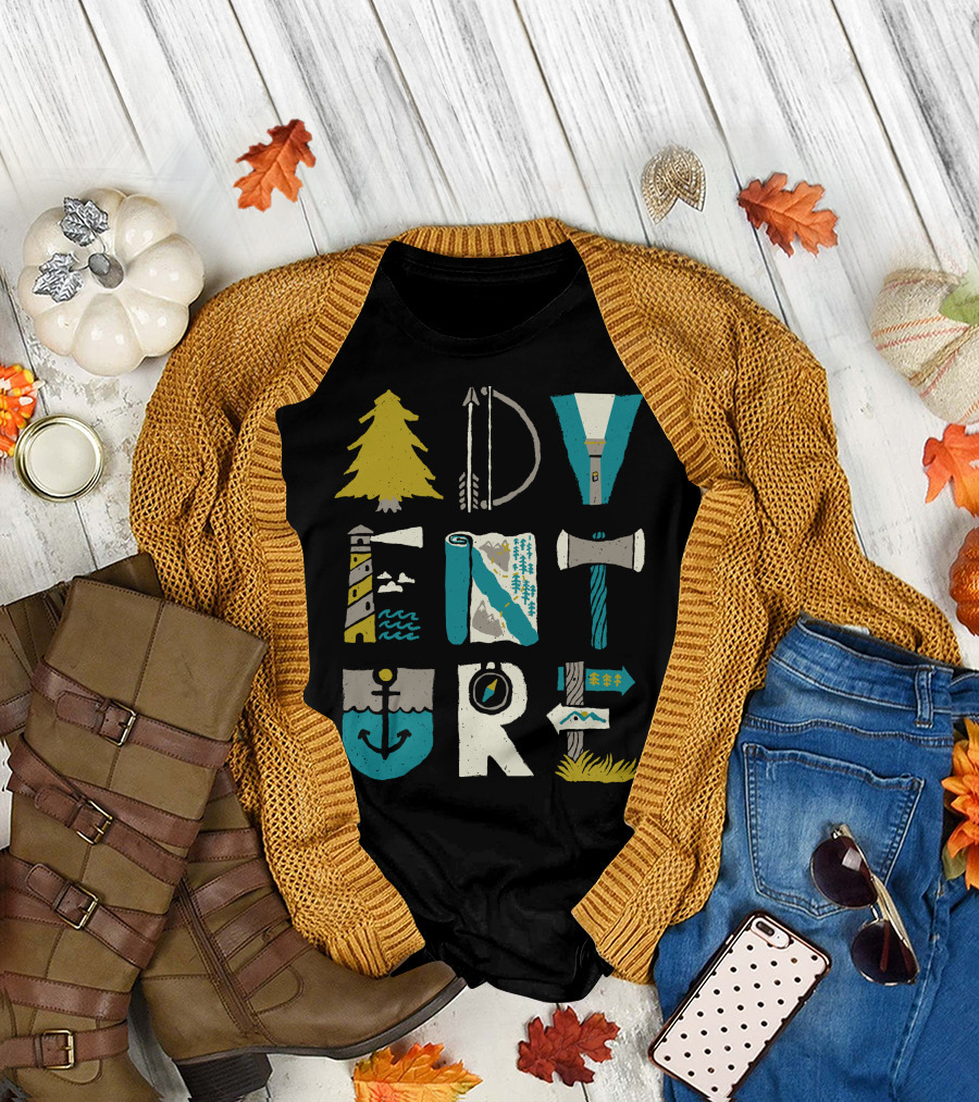 Adventure Typo Tree Arrow Torch Lighthouse Map Axe Anchor Compass Sign Mountain T-Shirt