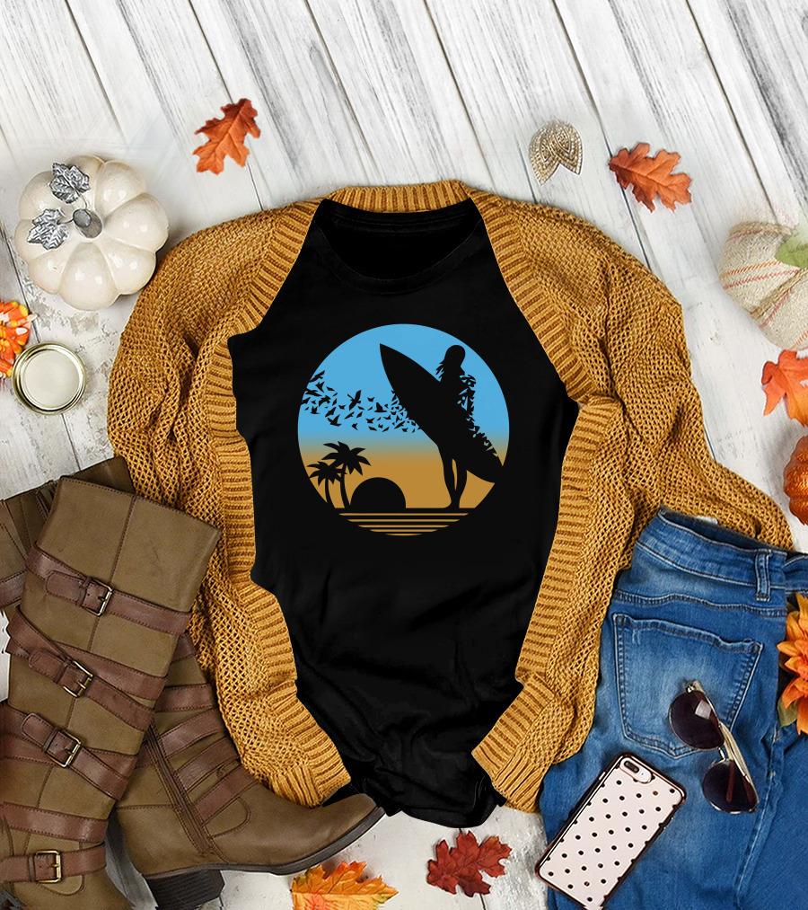 Surfer Silhouette with Birds and Palm Trees at Sunset on the Beach T-Shirt