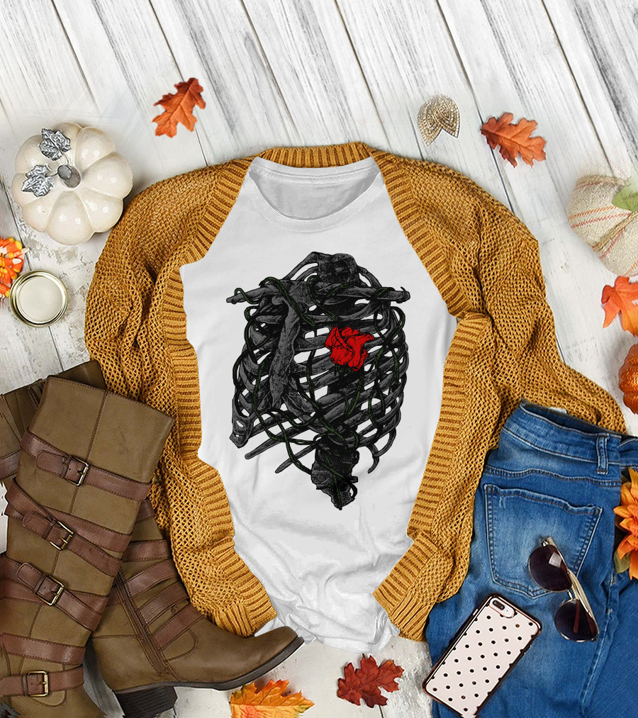 Blossom within Thorny Ribcage with Red Rose and Vines T-Shirt