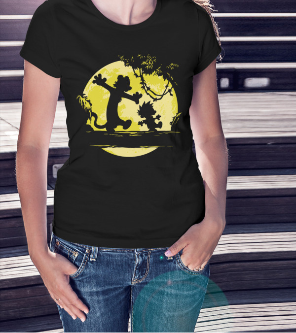 Calvin And Hobbes Dancing In Moonlit Forest T-Shirt