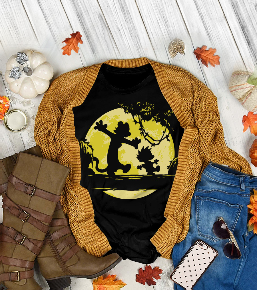 Calvin and Hobbes Dancing in Moonlit Forest T-Shirt
