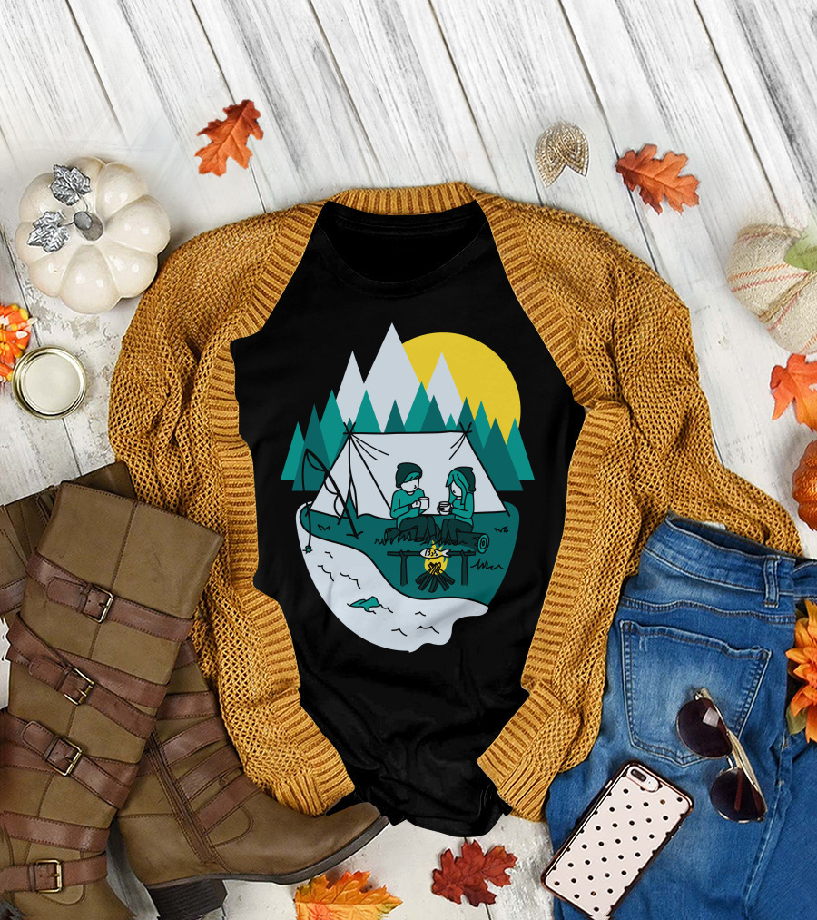 Camplove Cozy Campfire Mountain Scene with Tent and River T-Shirt