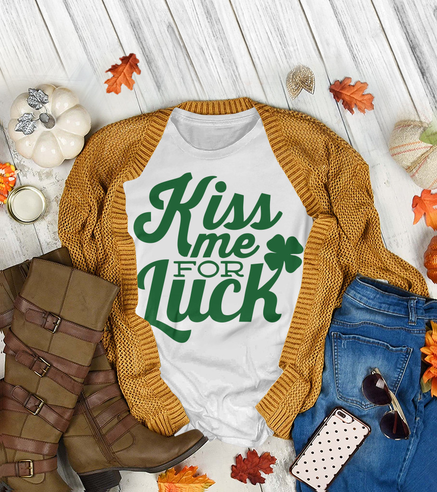 Kiss Me For Luck Clover Green Text T-Shirt