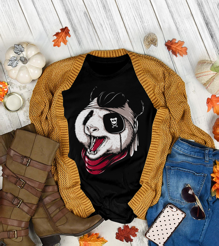 Panda Pirate Eyepatch Bandana Crossbones Tongue Out T-Shirt