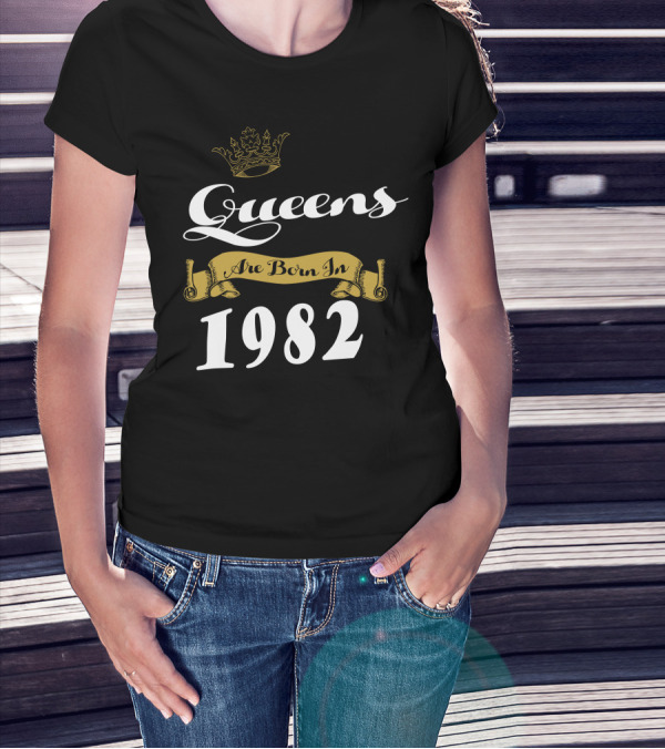 Queens Are Born In 1982 Crown Banner T-Shirt