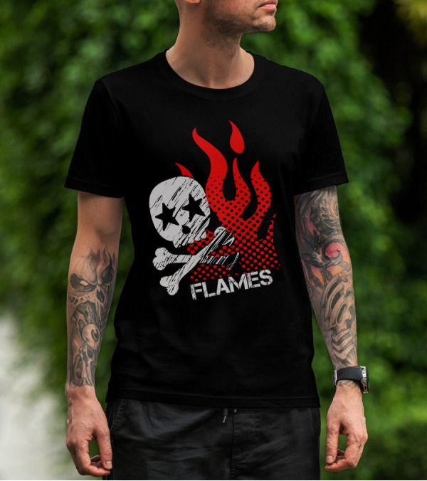 Skull Flames Red Stars Bones T-Shirt
