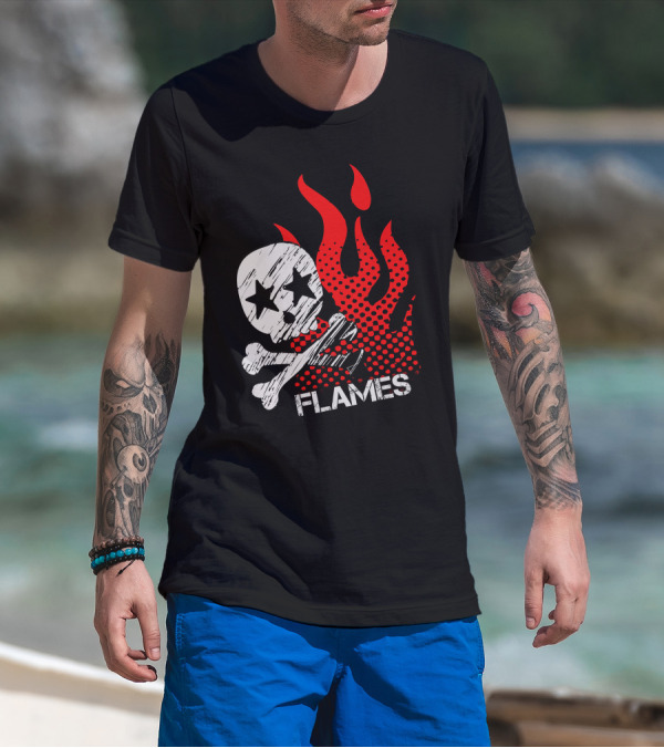 Skull Flames Red Stars Bones T-Shirt