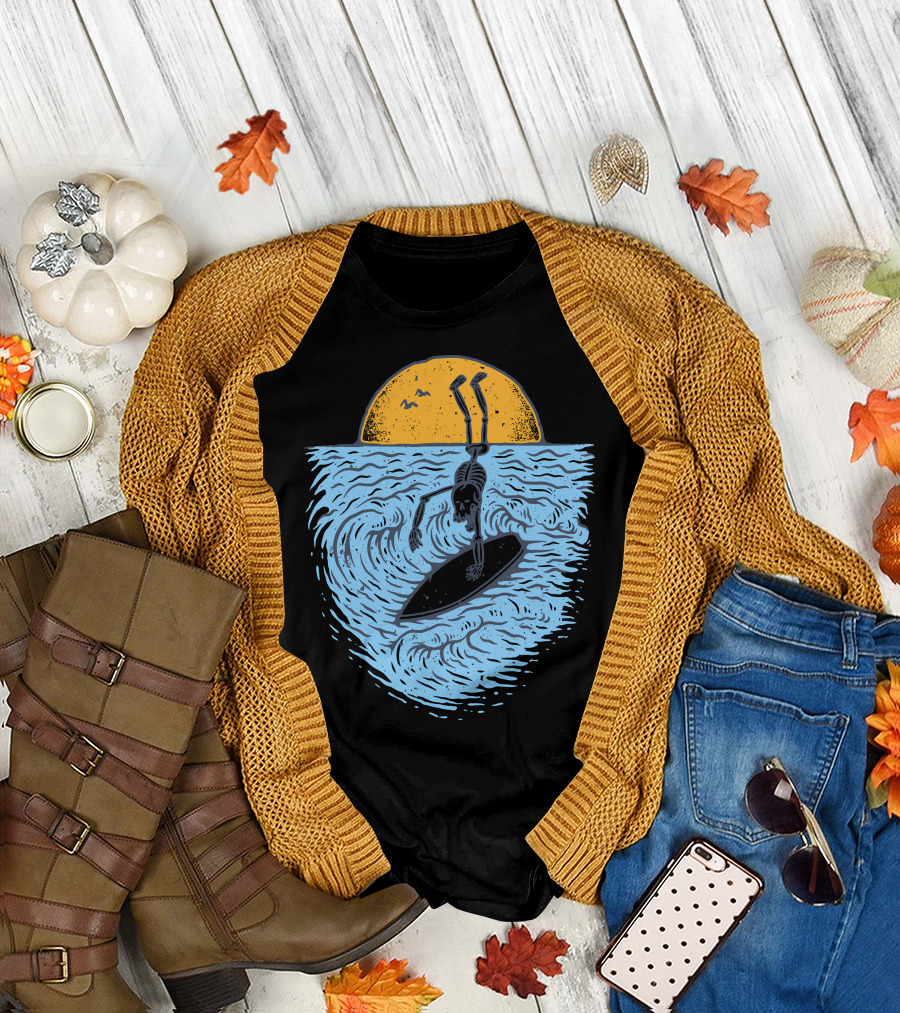 Death Surfer Skeleton Riding a Wave at Sunset T-Shirt