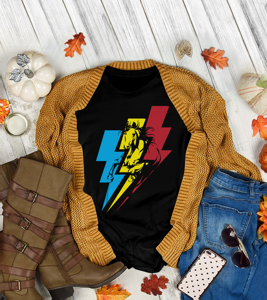 Horse Lightning Bolt Trio in Blue Yellow Red T-Shirt