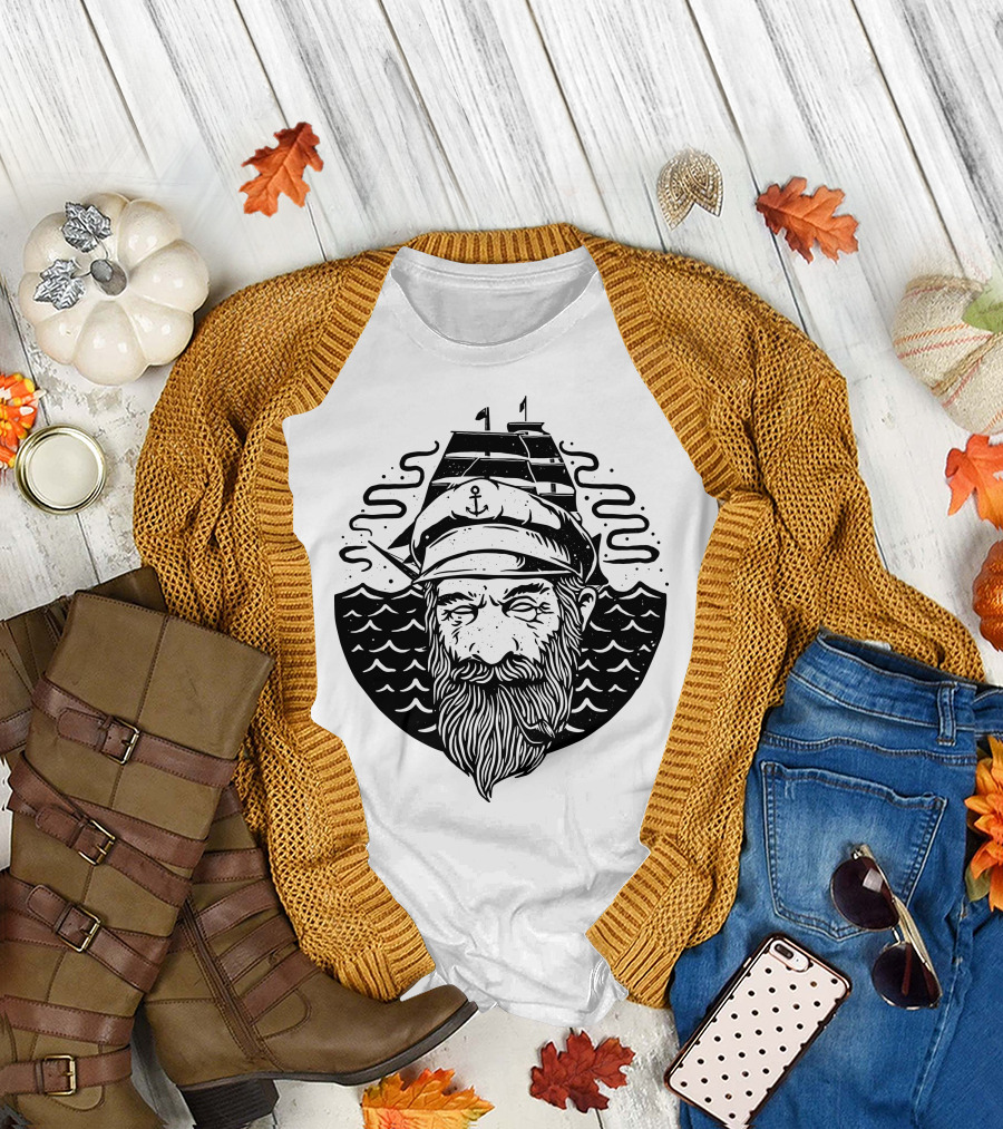 Old Helmsman Sea Captain with Ship and Anchor Hat T-Shirt