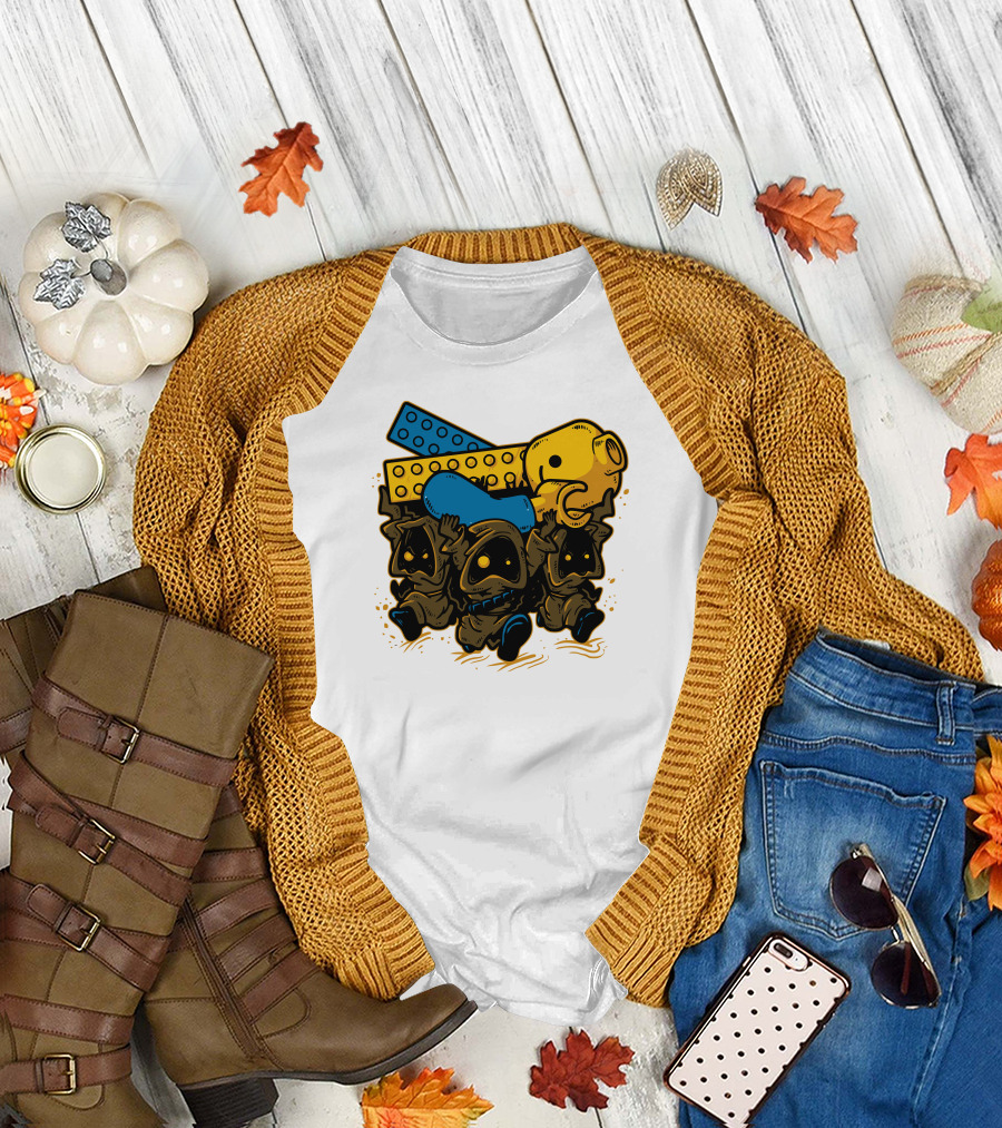 Jawas Carrying Space Debris LEGO Brick and Yellow Helmet T-Shirt