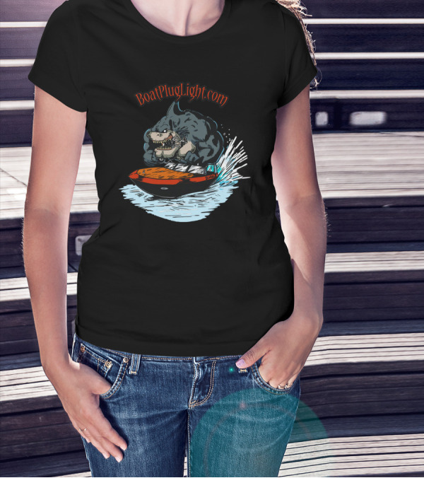 BoatPlugLight.com Shark Riding Speedboat T-Shirt