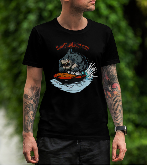 BoatPlugLight.com Shark Riding Speedboat T-Shirt