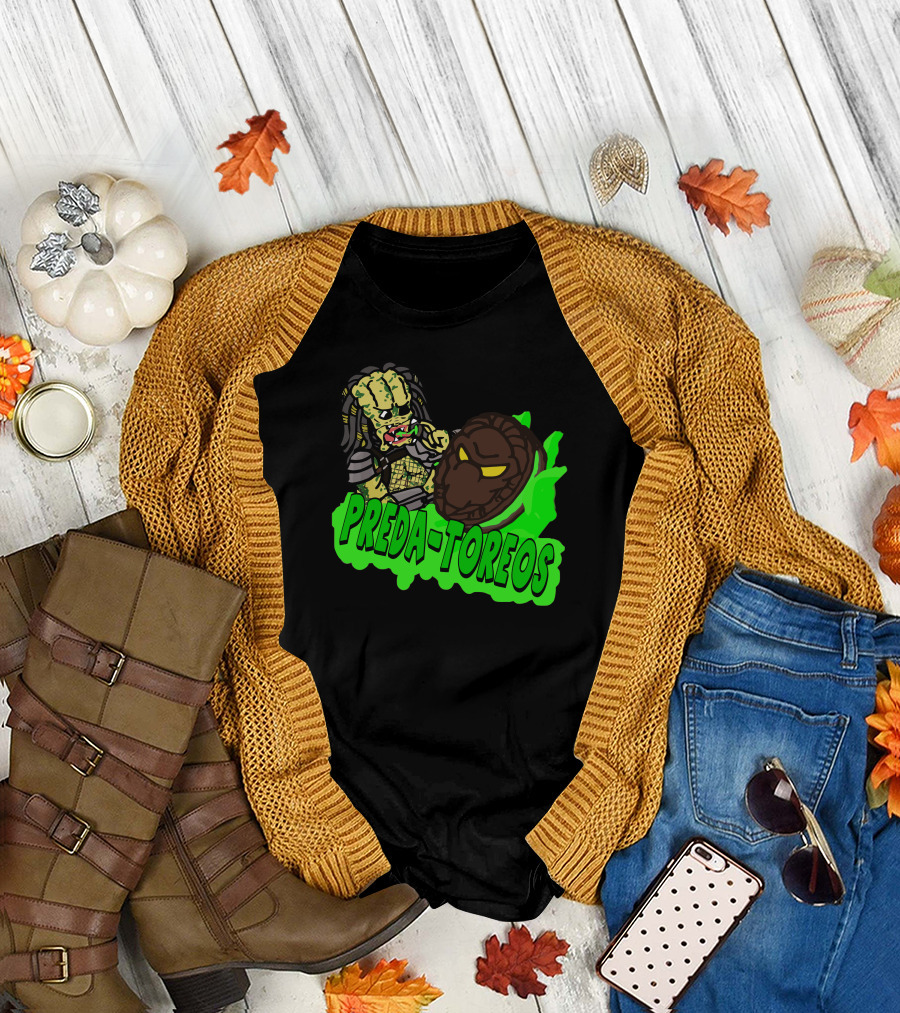 PREDA-TOREOS Alien Warrior with Mask and Green Flames T-Shirt