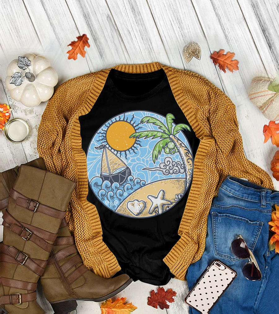 Sailing Under the Sun with Palm Trees and Ocean Waves T-Shirt