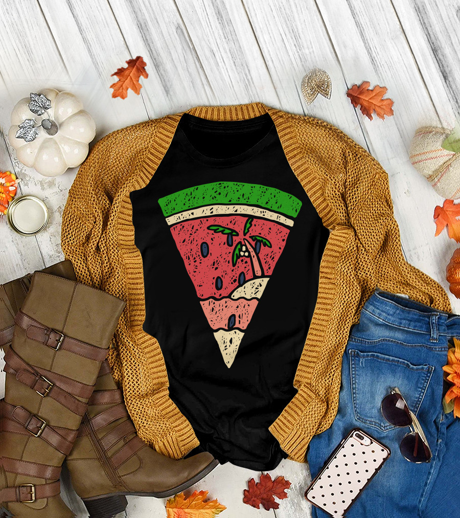 Watermelon Slice with Palm Tree Beach Scene T-Shirt
